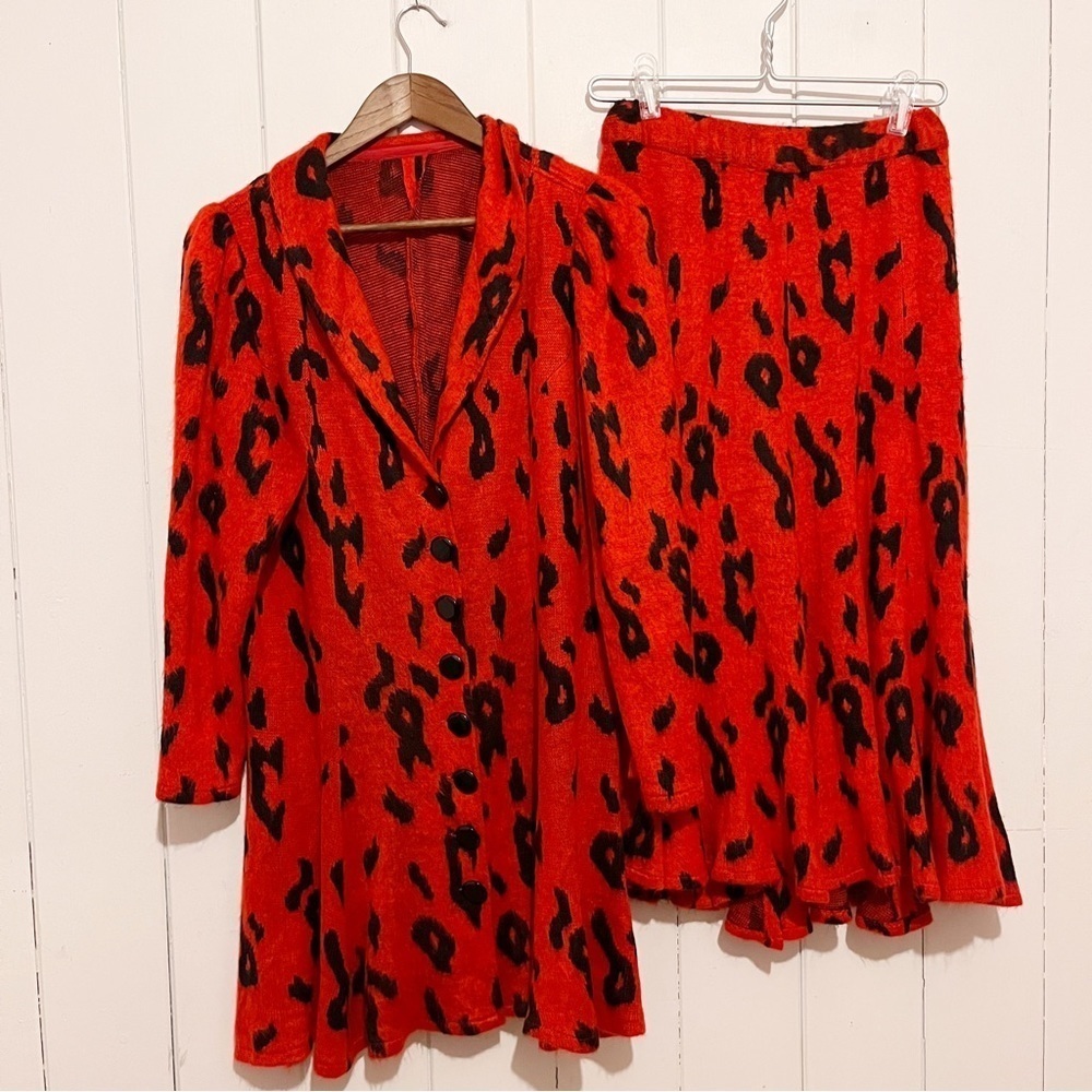 Orangey Red Leopard print Skirt and Coat.